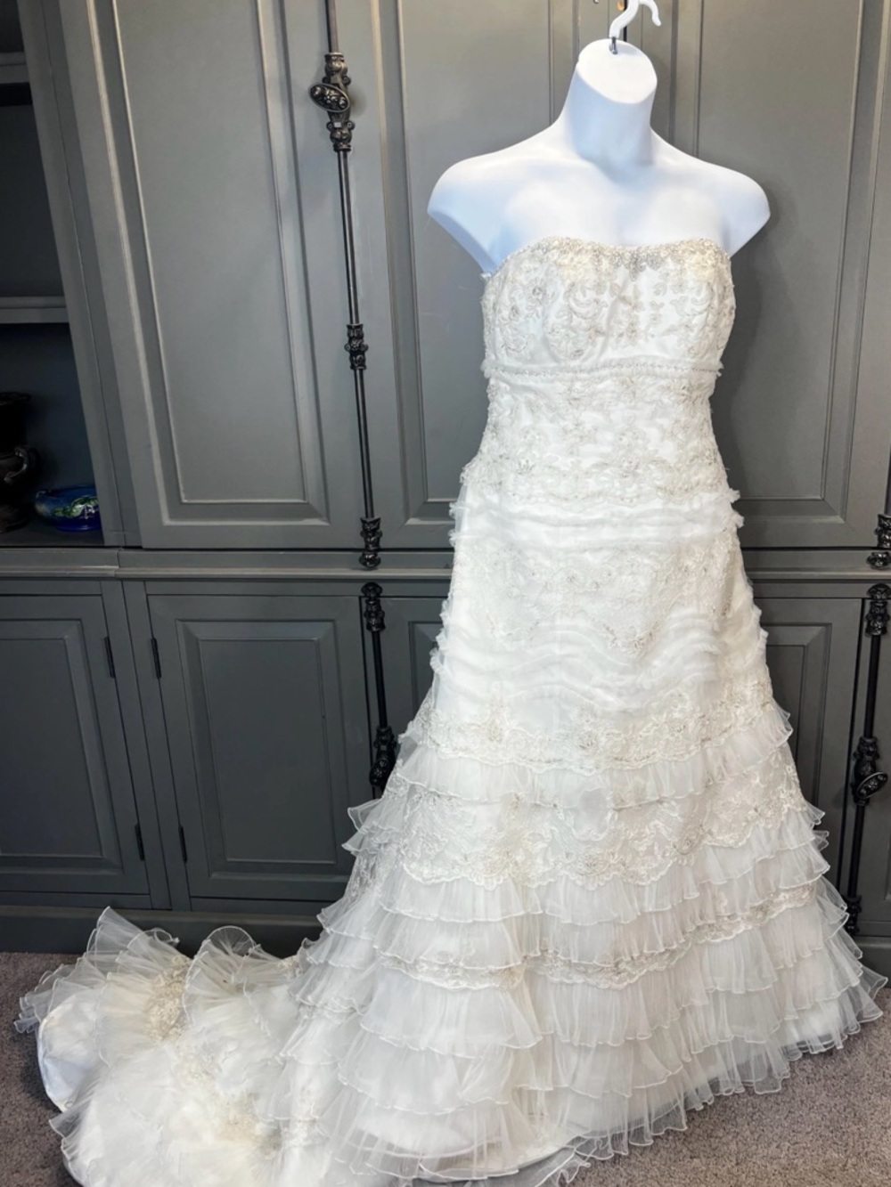 Oleg Cassini Strapless White Tiered Lace Bridal Gown